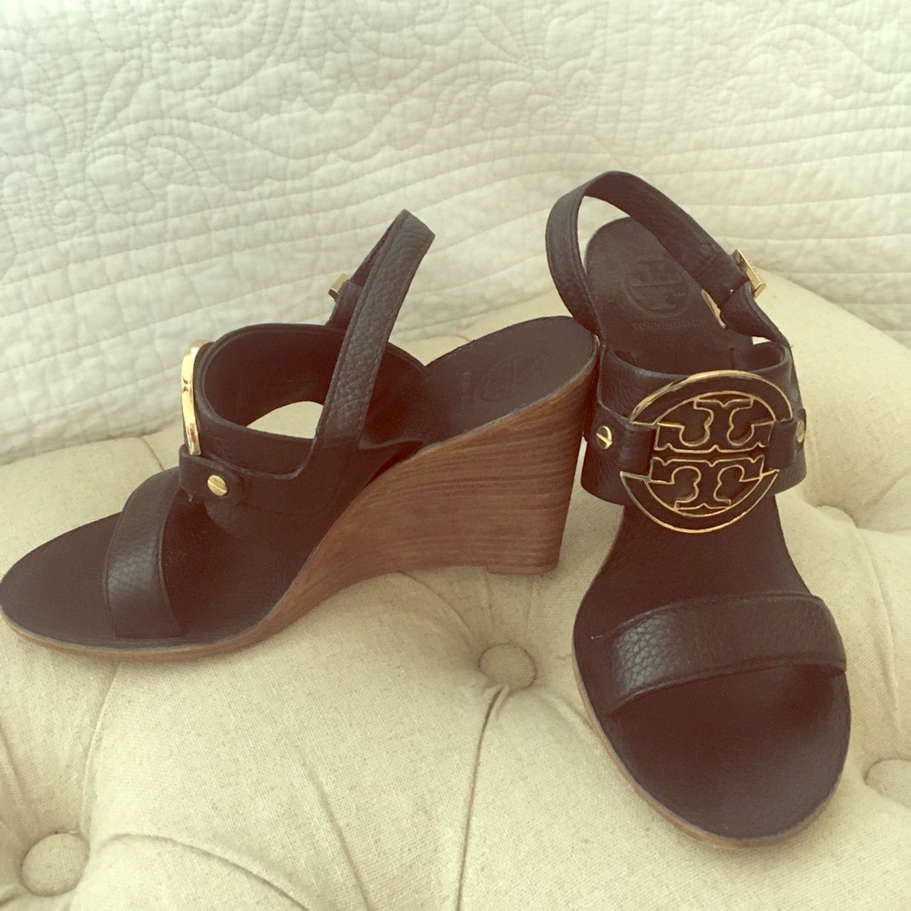 Authentic Tory Burch Black leather wedges